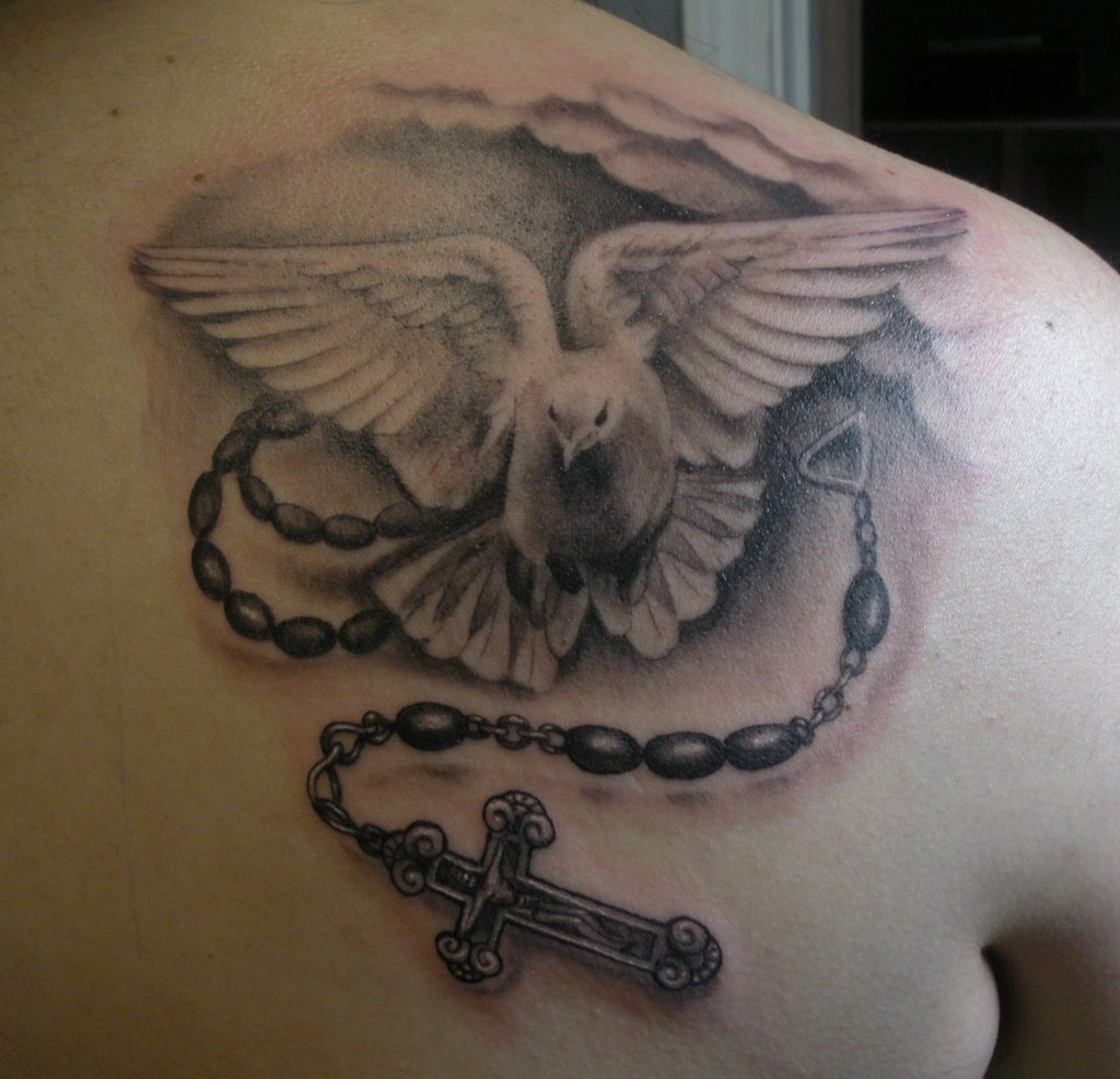 Grey Ink Rosary And Dove Tattoo On Right Back Shoulder