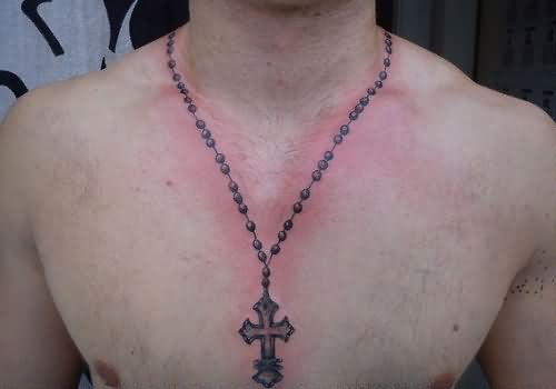 Grey Ink Rosary Tattoo Around Neck For Men