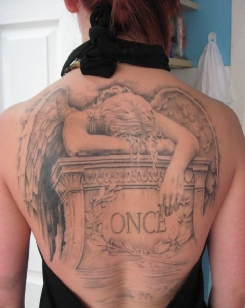 Grey Ink Sad Angel Tattoo On Girl Back