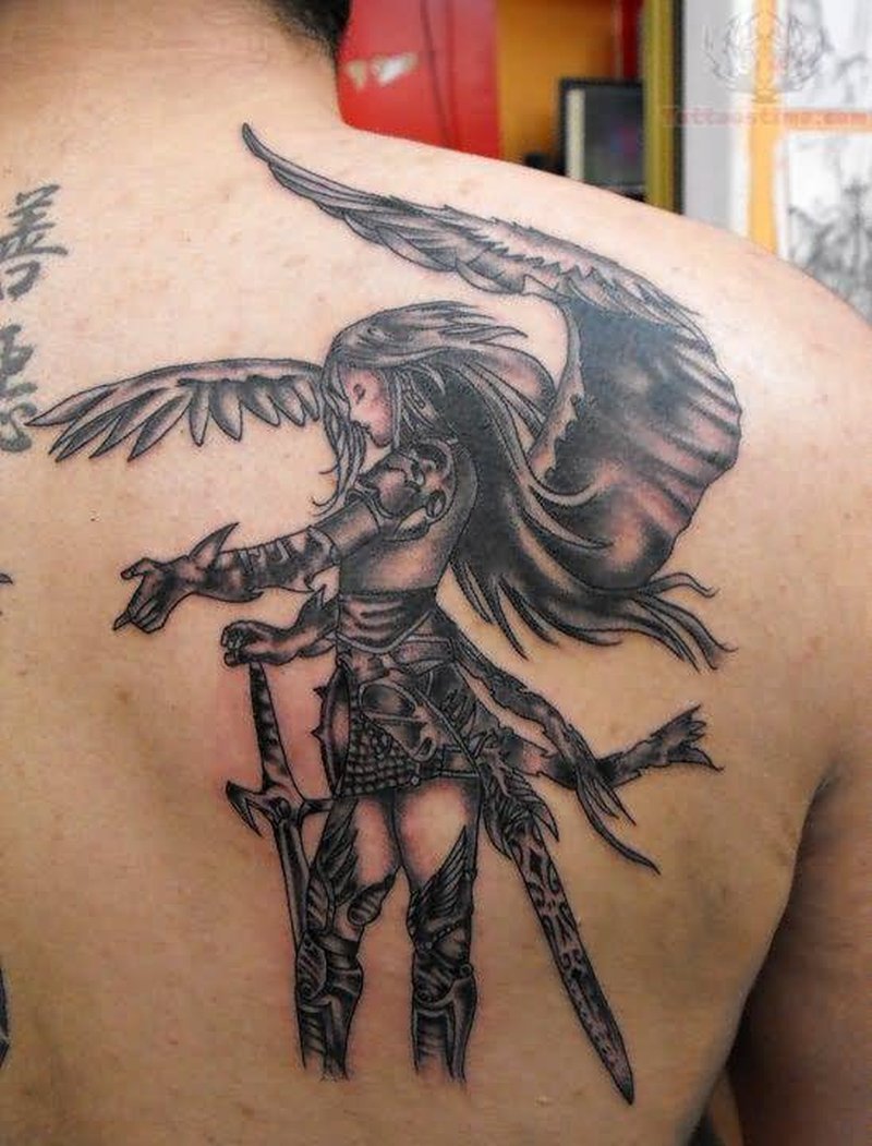 Grey Ink Warrior Angel Girl Tattoo On Back Shoulder