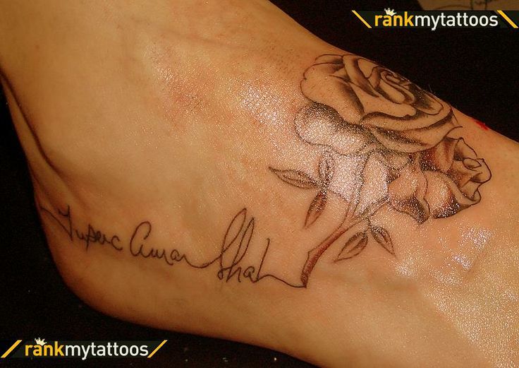 Grey Lettering Rose Foot Tattoo