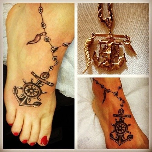 Grey Rosary Anchor Tattoo On Ankle And Foot