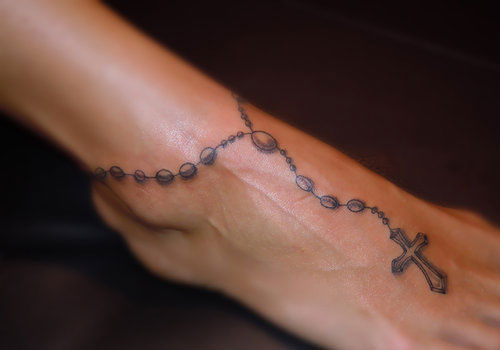 Grey Rosary Beads Foot Tattoo