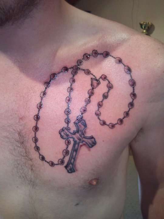 Grey Rosary Beads Tattoo On Man Chest