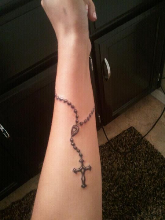 Grey Rosary Bracelet Tattoo On Arm