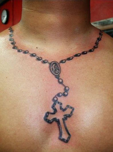 Grey Rosary Tattoo Around Neck