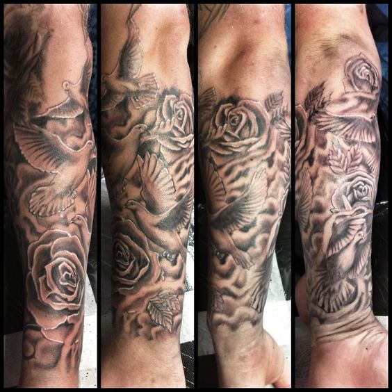 Grey Rose Flower And Dove Tattoo On Arm Sleeve