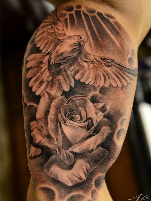 Grey Rose Flower And Dove Tattoo On Right Half Sleeve