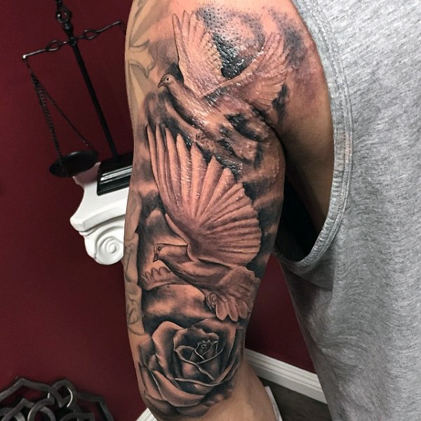 Grey Rose Flower And Flying Dove Tattoo On Half Sleeve