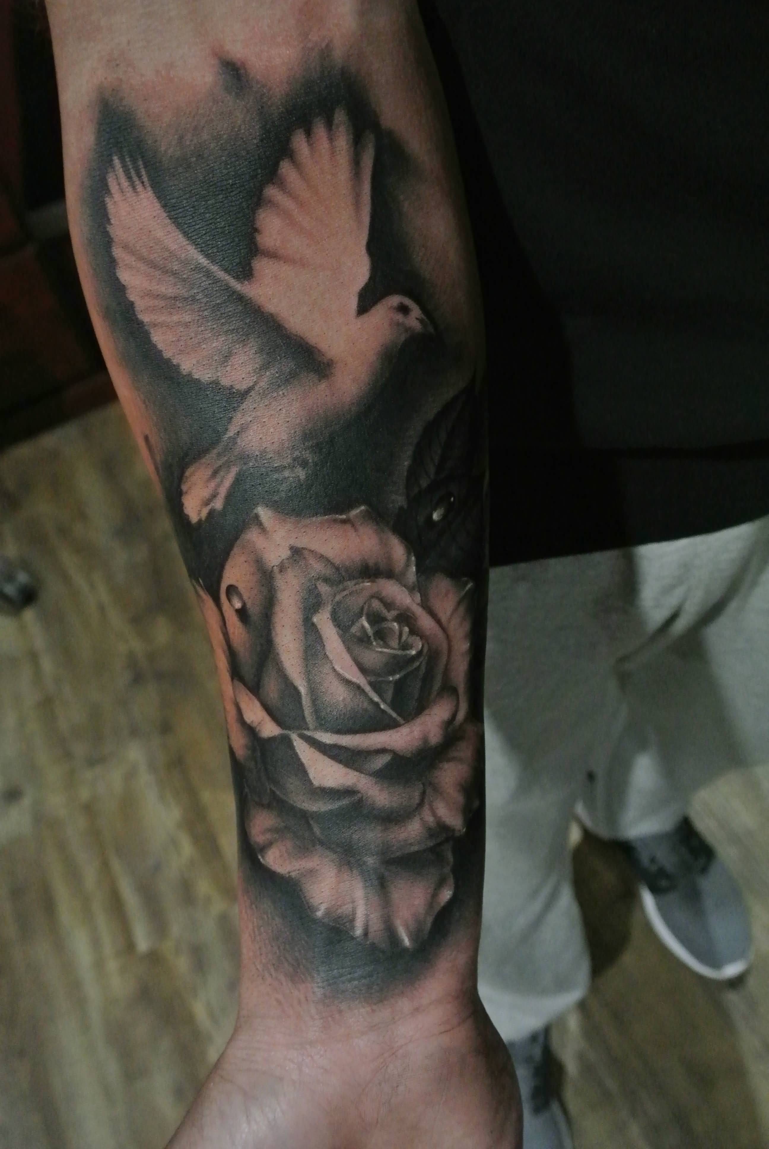 Grey Rose Flower And Realistic Dove Tattoo On Forearm