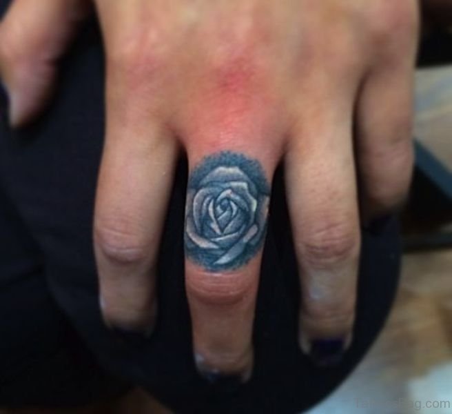 Grey Rose Flower Tattoo On Girl Middle Finger
