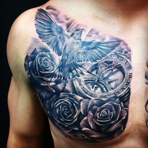 Grey Rose Flowers And Dove Tattoo On Chest