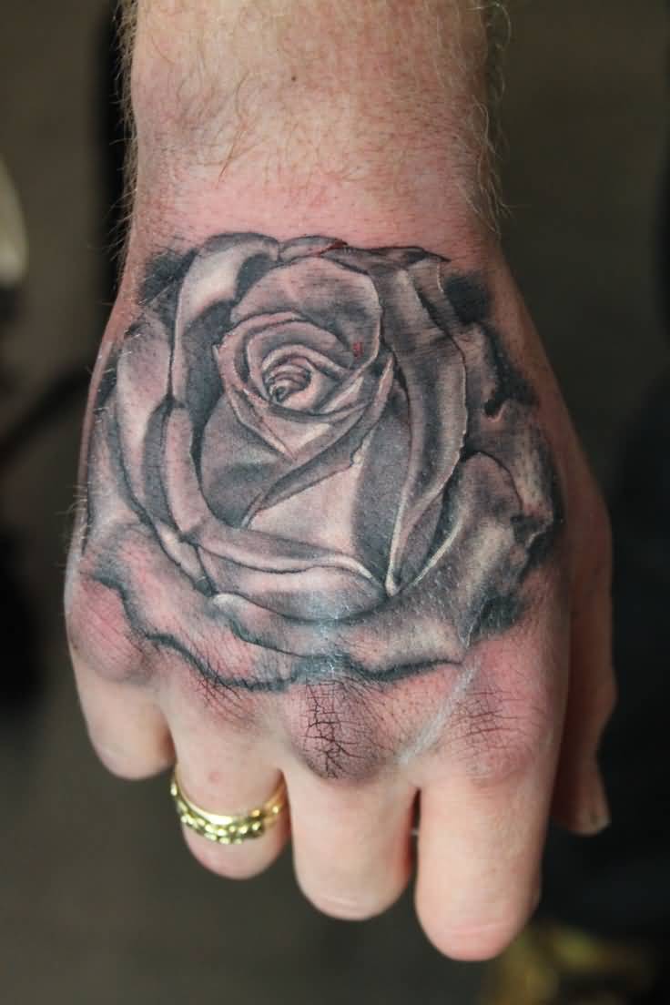 Grey Rose Tattoo On Hand For Men