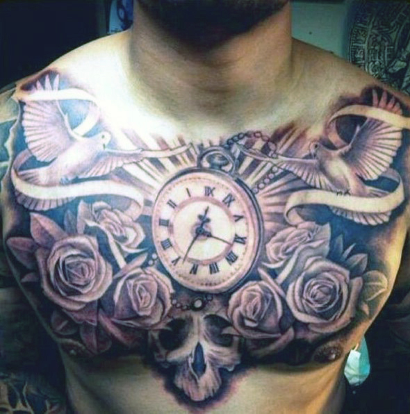 Grey Roses And Clock With Flying Dove Tattoo On Man Chest