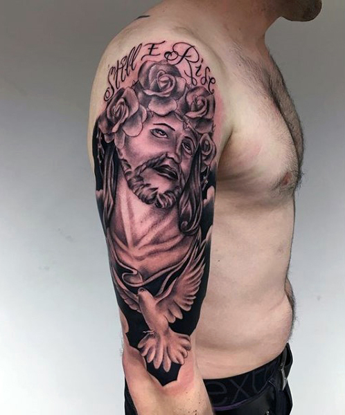 Grey Roses And Dove Tattoo On Man Right Half Sleeve