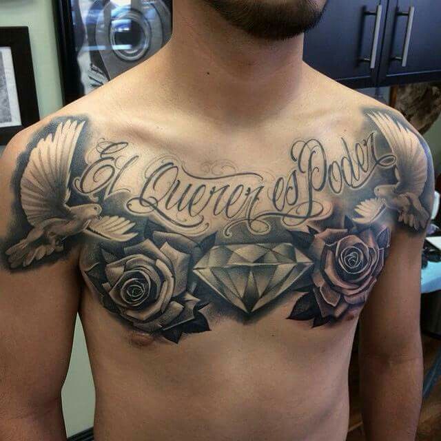 Grey Roses With Diamond And Dove Tattoo On Chest For Men