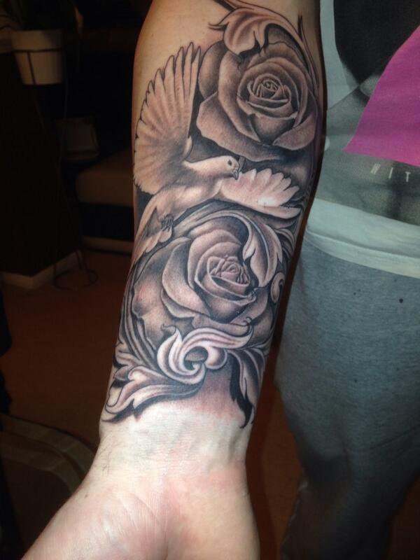 Grey Roses and Flying Dove Tattoo On Right Sleeve