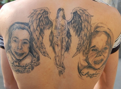 Guardian Angel Of Two Babies Tattoo On Upper Back