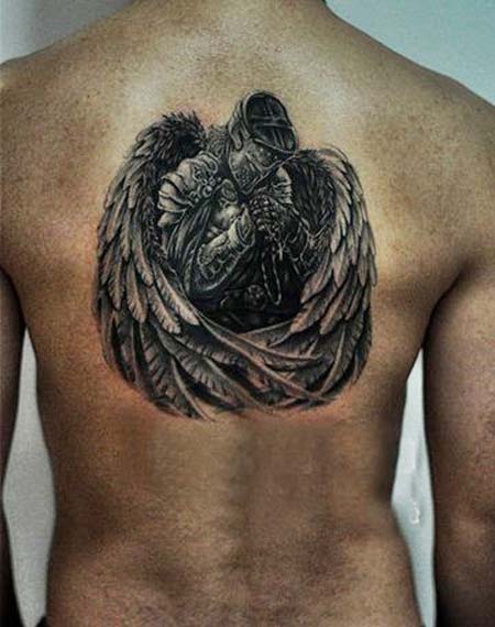 Guardian Angel Tattoo On Upper Back For Men