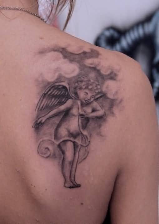 Happy Cherub Angel Tattoo On Right Back Shoulder