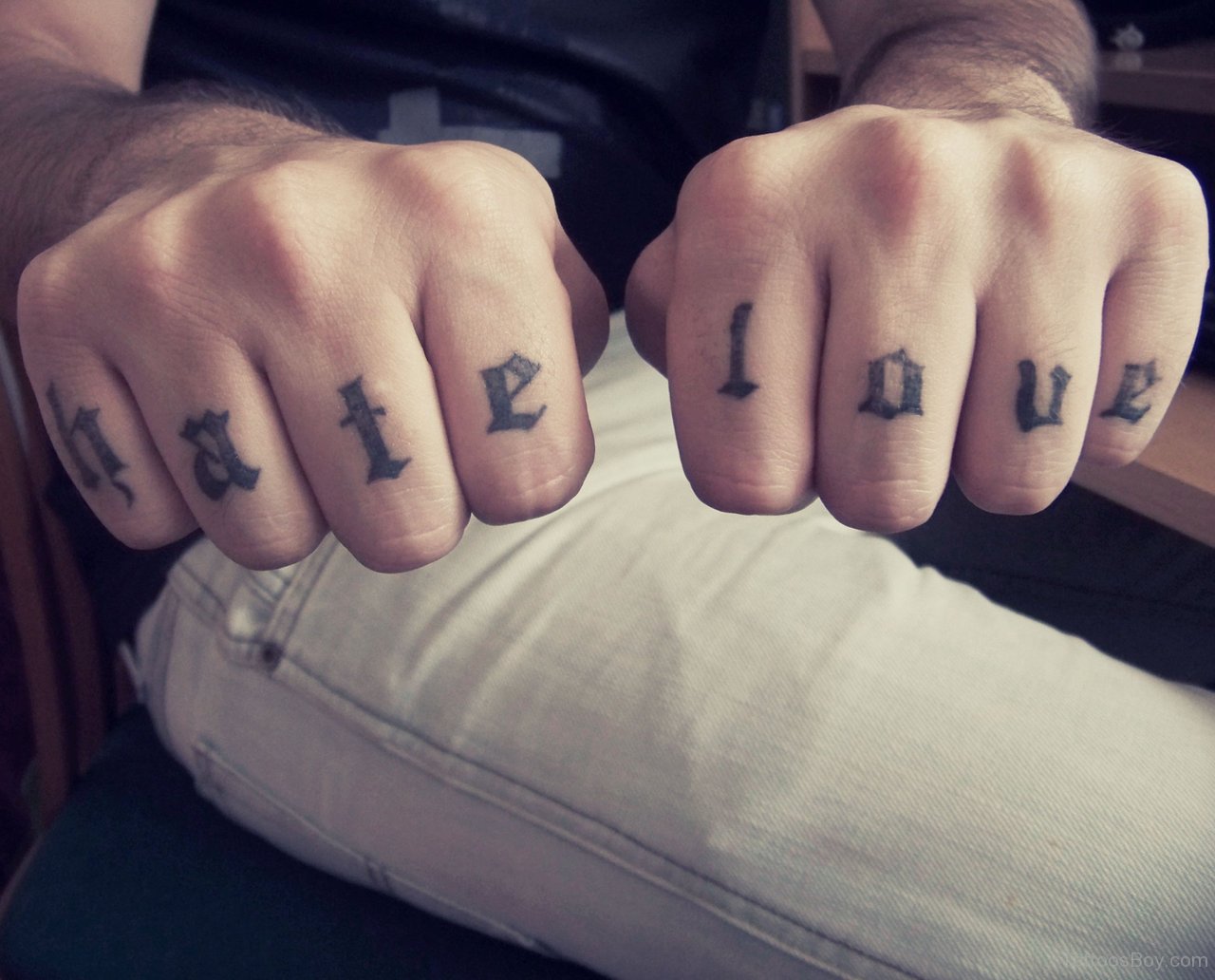 Hate Love Wording Fingers Tattoos