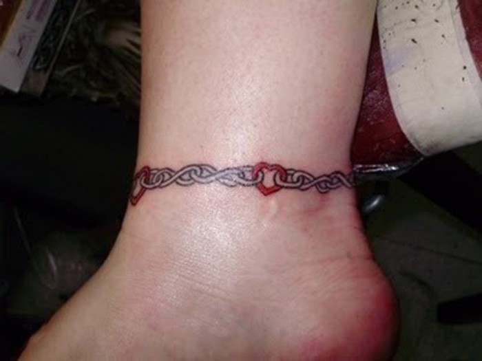 Heart Chain Bracelet Tattoo On Ankle