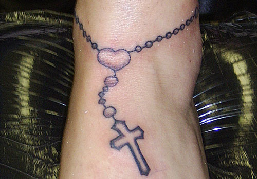 Heart Rosary Tattoo On Foot