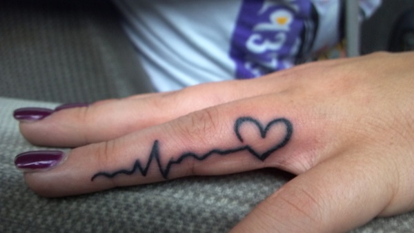 Heartbeat And Heart Tattoo On Girl Side Finger