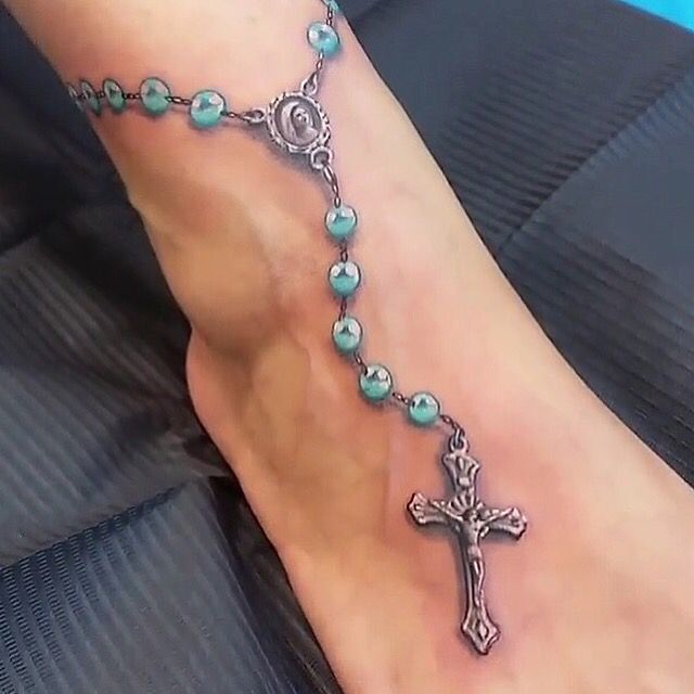 Holy 3D Color Rosary Tattoo Around Ankle