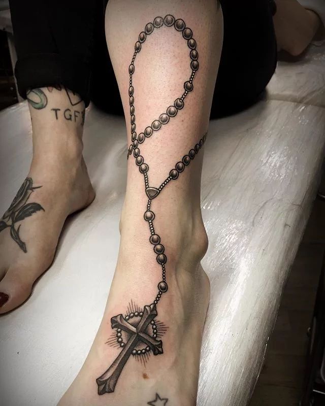 Holy Grey Rosary Foot And Leg Tattoo