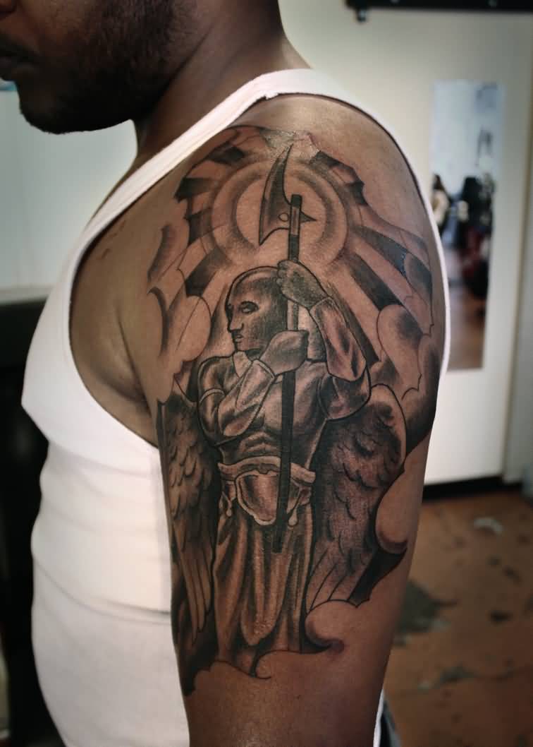 Holy Guardian Angel Tattoo On Man Left Shoulder