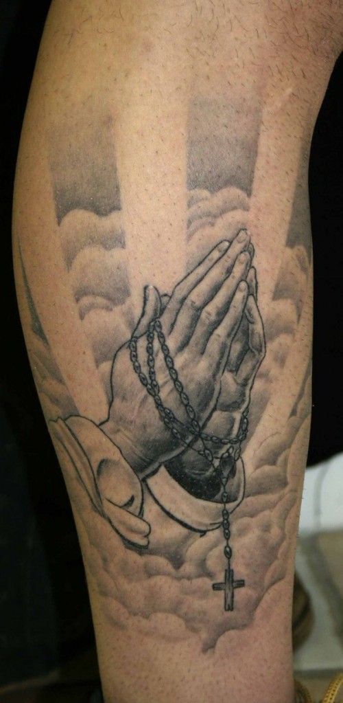 Holy Praying Hands And Rosary Tattoo For Men