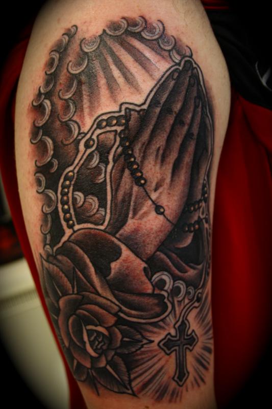 Holy Praying Hands Tattoo On Half Sleeve For Men