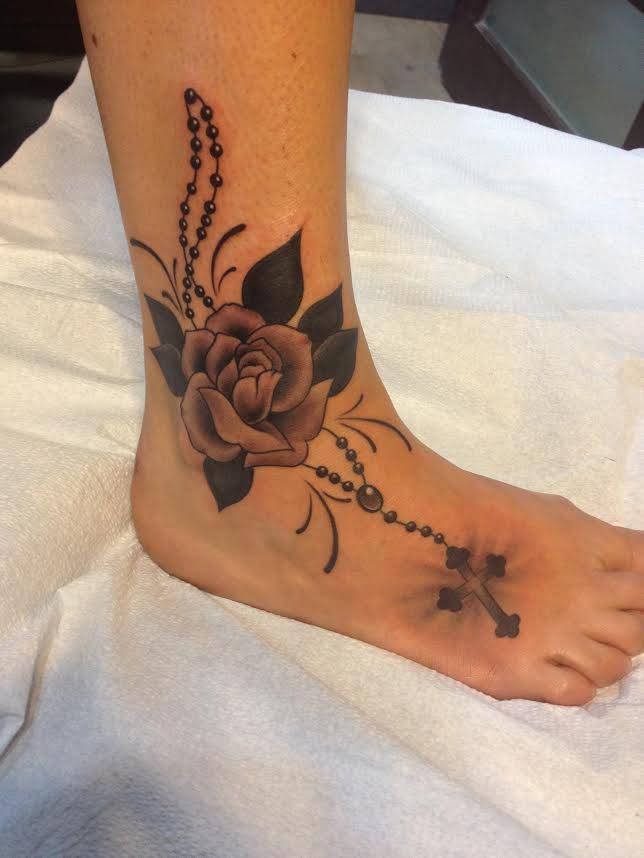 Holy Rosary Rose Tattoo On Ankle And Foot