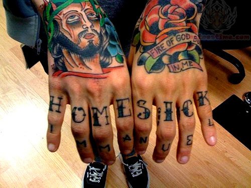 Home Sick Words Tattoos On Both Hand Fingers