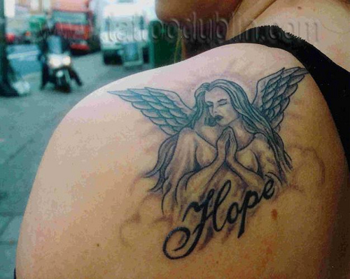 Hope Angel Tattoo On Man Back Shoulder