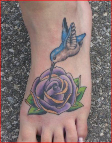 Hummingbird And Traditional Rose Tattoo On Foot