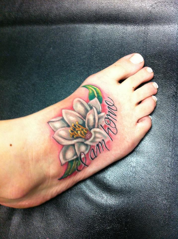 I Am Home Flower Tattoo On Foot