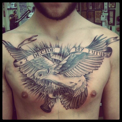 I Decide My Future Banner And Flying Dove Tattoo On Chest