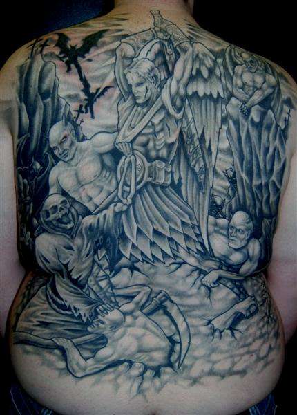 Impressive Angel And Demons Tattoo On Full Back