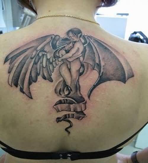 Impressive Angel Demon Love Tattoo On Upper Back