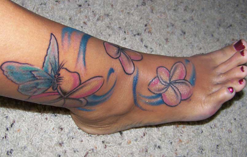 Impressive Butterfly Orchid Flowers Girl Foot Tattoo
