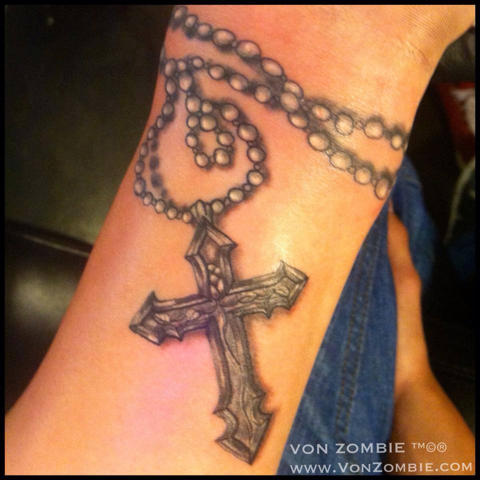 Impressive Grey Rosary Wrist Tattoo