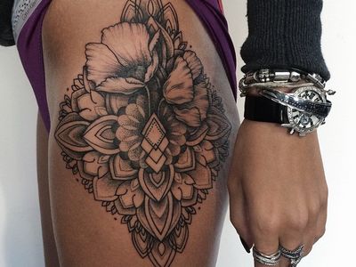 Impressive Mandala Flower Tattoo On Thigh