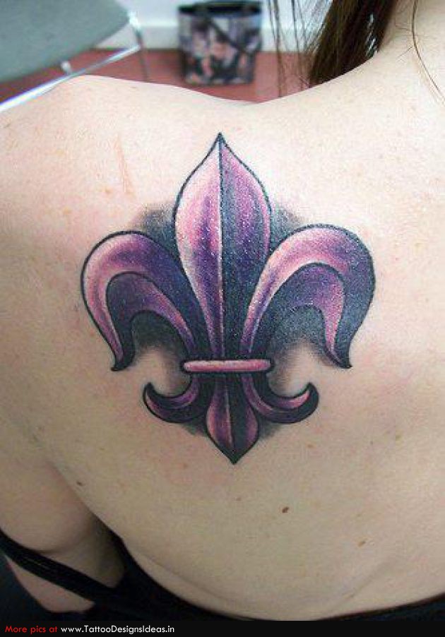 Impressive Purple Fleur De Lis Tattoo On Back Shoulder