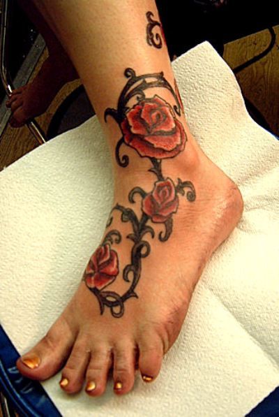 Impressive Rose Vine Tattoo On Foot And Ankle