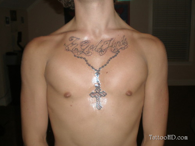 In Gods Hands Rosary Chest Tattoo For Men