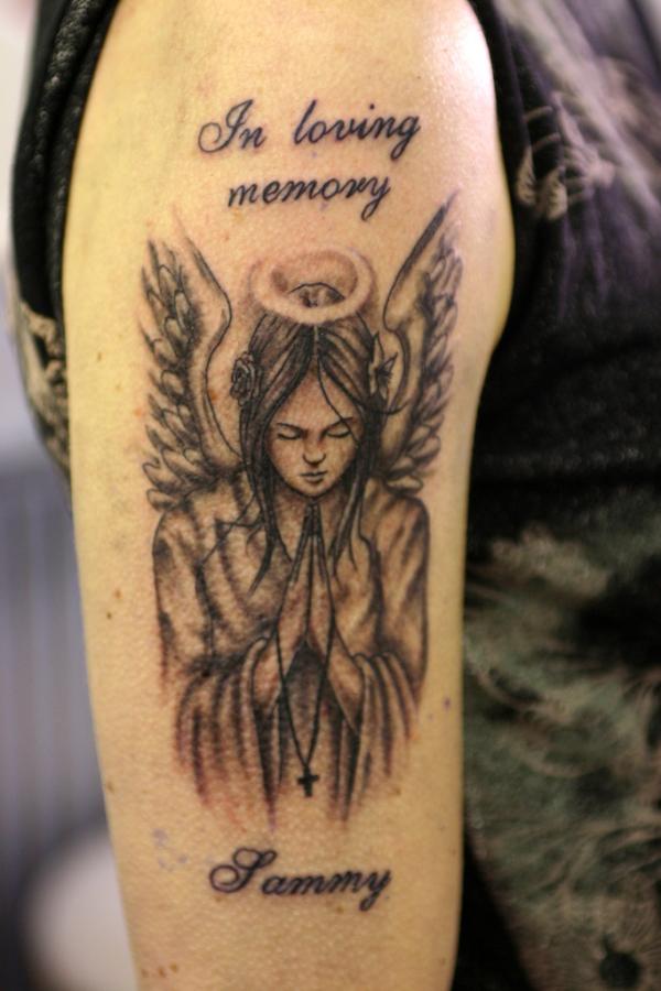 In Loving Memory Angel Tattoo On Right Half Sleeve