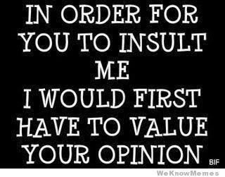 In order for you to insult me, I would first have to  value your opinion