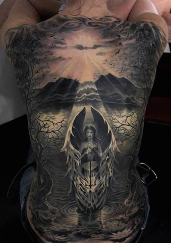 Incredible 3D Angel In Water Tattoo On Full Back
